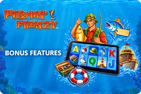 Fishin Frenzy bonus features with Fisherman Wild, tagged fish and Scatter boat